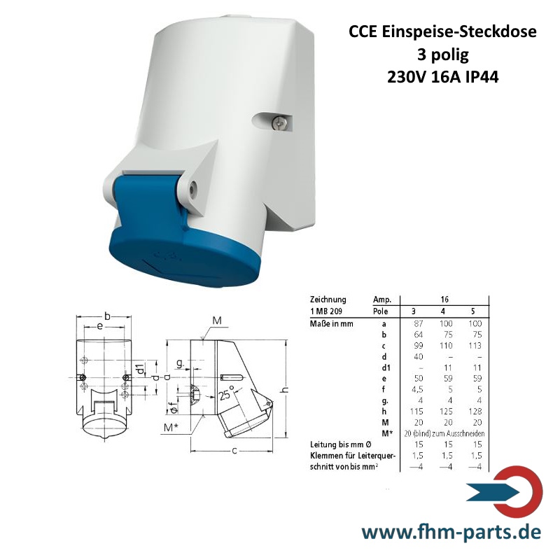 CCE-Einspeise-Steckdose 230V 16A IP44 3-pol.