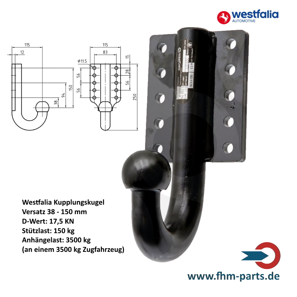 Anhängerkupplung Kupplungskugel 4-Loch D=17,5 KN 90/150 mm Versatz