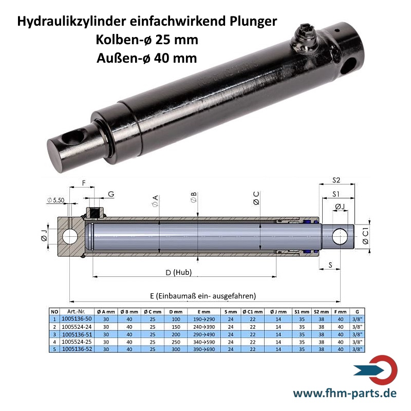Hydraulikzylinder einfachwirkend Plunger-Zylinder Kolben-ø 25 mm